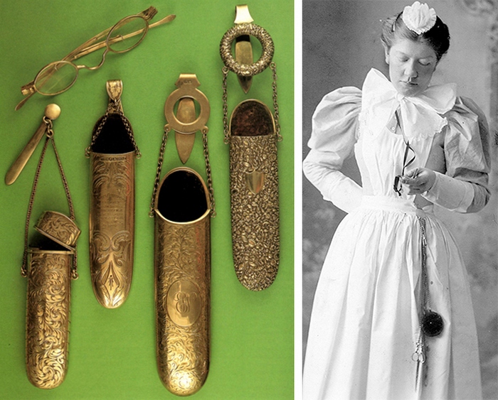 Слева на фото подборка шатленов-футляров для очков. Справа на фото 1885 года медсестра в форме, на поясе которой висит длинный шатлен со стетоскопом и ножницами.