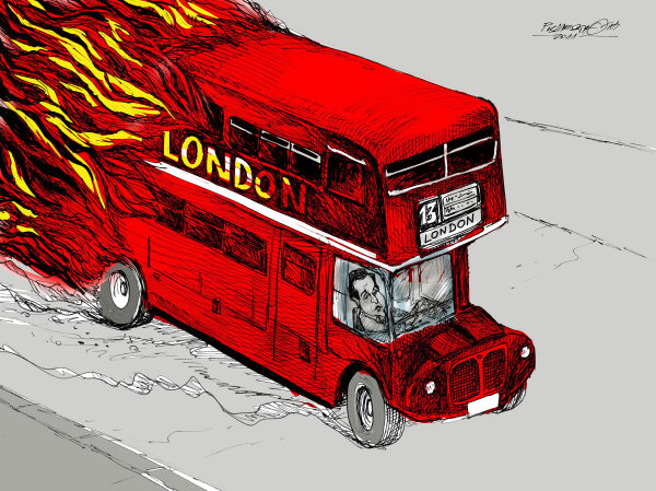 Дабл-декер в огне: беспорядки в Лондоне глазами художников-карикатуристов