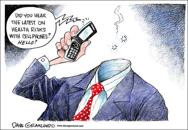 Художники-карикатуристы о вреде мобильных телефонов: *Слышал последние новости о вреде мобильников? Алло!*